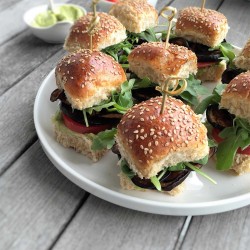 vegan eggplant bacon “blt” sliders